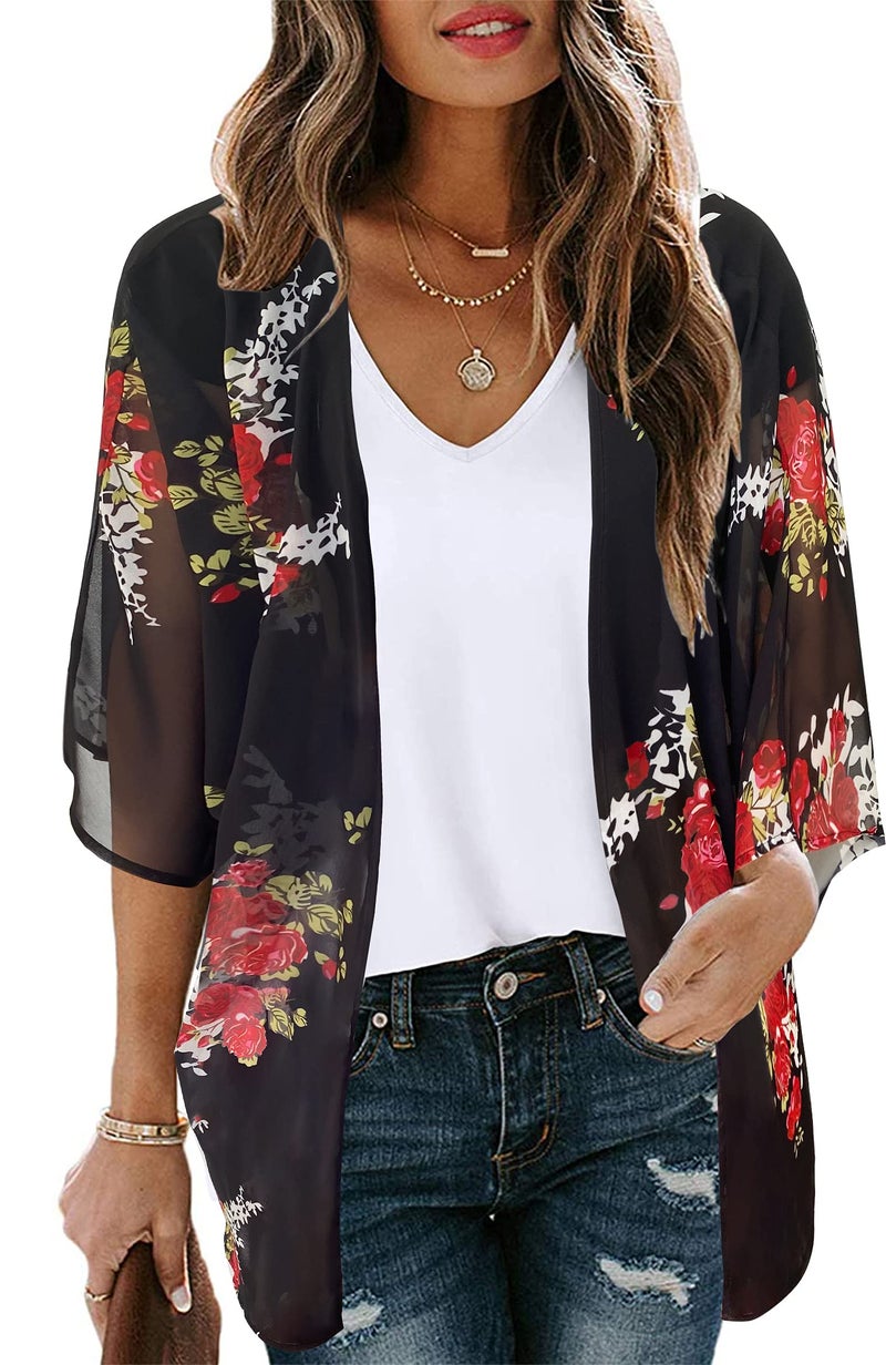 CHICGAL Women's Floral Print Puff Sleeve Kimono Cardigan Loose Cover Up Casual Blouse Tops (Black,2XL) - Image 1